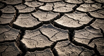 Close-up macro texture of dry, cracked earth or mud, symbolizing severe drought, climate change, and environmental crisis. The harsh sunlight emphasizes the deep cracks and arid conditions