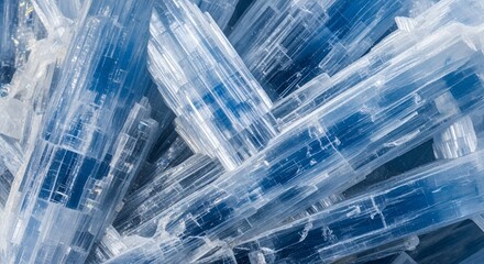 Close-up macro shot of blue Kyanite mineral crystals displaying a fibrous and bladed structure. The transparent and blue parallel-aligned crystals create a striking natural abstract texture perfect