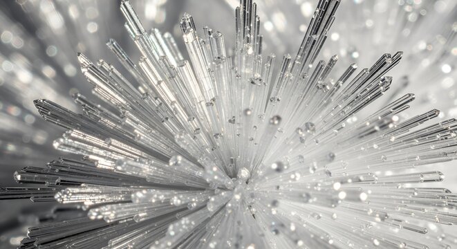 Extreme close-up of sharp crystalline structures or optical fibers radiating outwards. The surface is adorned with tiny water droplets or sparkling particles creating a high-key abstract silver