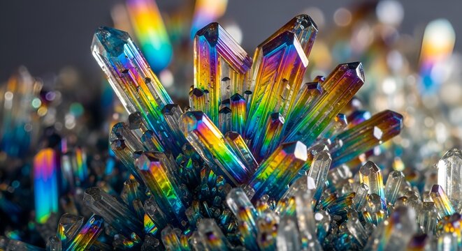 Close-up of vibrant rainbow-colored quartz crystals showing intense iridescence and brilliant light refraction. Abstract mineral texture. - Powered by Adobe