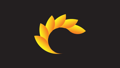 Golden curved leaf logo with smooth gradient petals and a soft glowing abstract design on dark background