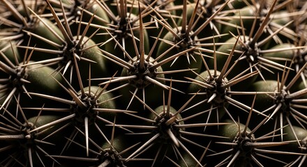 Extreme close-up macro view of sharp white spines covering a deep green cactus surface against a dark background emphasizing natural texture and danger.