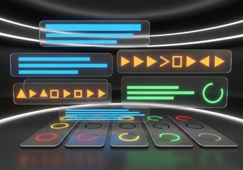 Futuristic digital interface with glowing controls and data visualization panels