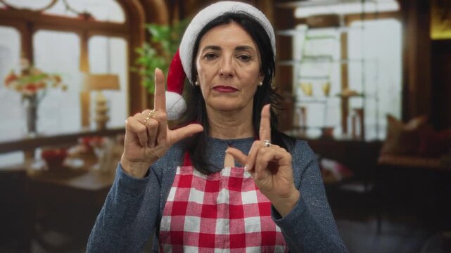 Middle age hispanic woman makes loser gesture with index fingers and thumbs in living room building; sarcasm mockery.