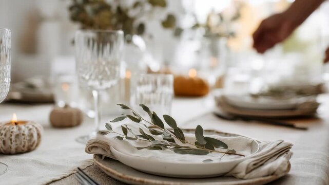 Elegant autumn table setting with white plates, linen napkins, and eucalyptus branches creates a cozy atmosphere. Soft candlelight and neutral tones enhance the seasonal dining experience