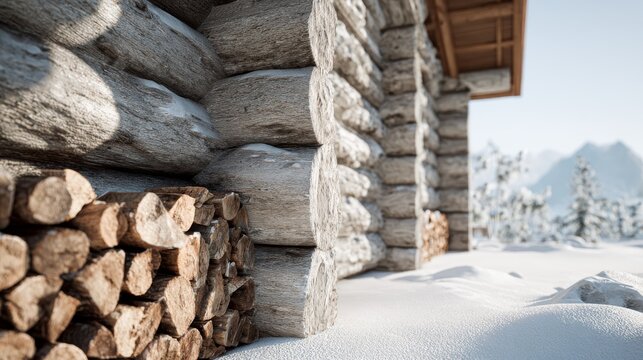 Snow-covered log cabin with a woodpile in the foreground, mountainous winter landscape in the distance