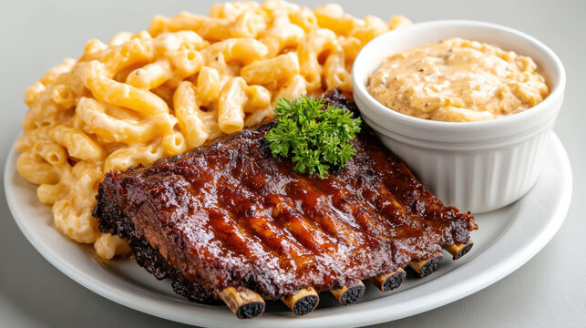 Barbecue pork ribs with creamy mac and cheese, pickle and dipping sauce - Powered by Adobe