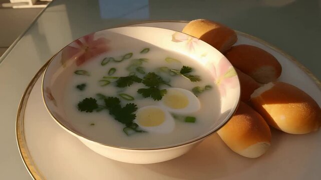 Warm Creamy Soup with Hard Boiled Eggs and Fresh Bread Rolls.