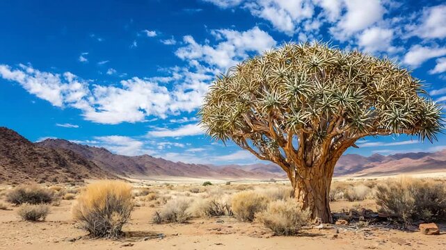 Majestic Quiver Tree Stands Tall Under a Vast Blue Sky in African Desert.