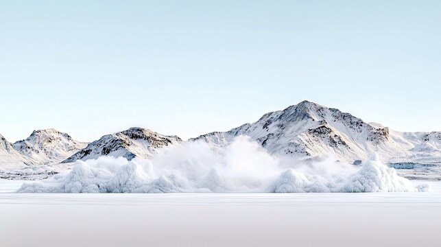 A stark, frozen landscape featuring snow-capped mountains and a large, jagged ice formation in the foreground. - Powered by Adobe