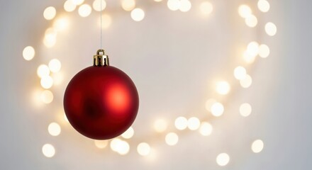 Fototapeta premium Vibrant red Christmas ornament hanging delicately against a soft, blurred background of warm, glowing festive lights, evoking a serene holiday spirit.