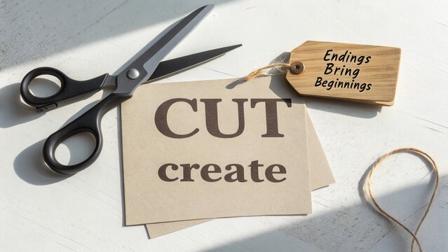 Creative workspace setup featuring scissors, paper tags, and motivational phrases to inspire artistic endeavors and projects