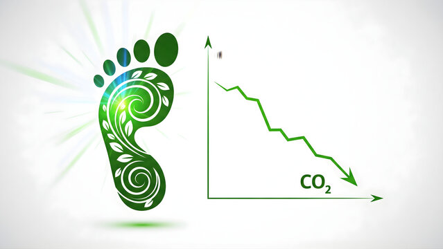 A clean corporate concept showing a carbon footprint icon and declining CO2 emission graph, symbolizing progress toward carbon neutrality and sustainable environmental responsibility.