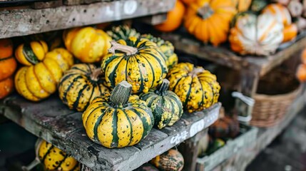 Vibrant autumn farmers market featuring pumpkins, gourds, and fresh seasonal produce