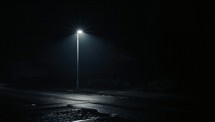 Night street illuminated by a solitary lamp post
