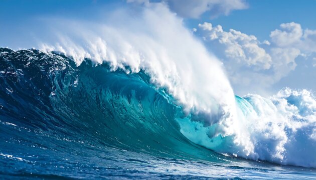 A colossal ocean wave cresting, forming a dynamic curl, with foamy white water and a vibrant blue hue under a partially cloudy sky