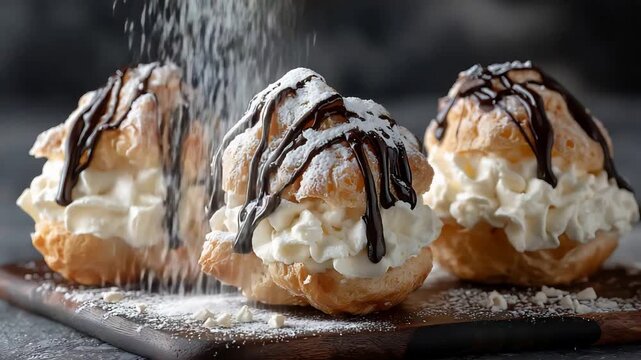 Creamy Puffs Drizzled with Chocolate and Dusted with Powdered Sugar.