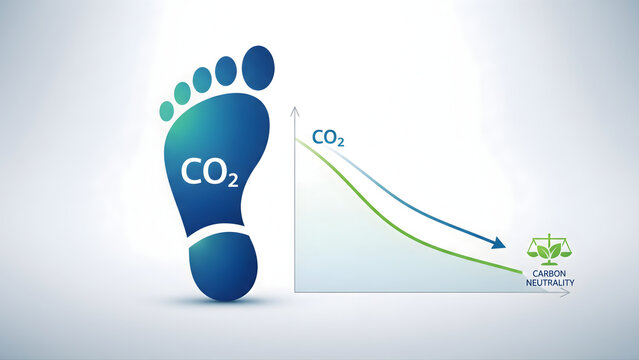 A clean corporate concept showing a carbon footprint icon and declining CO2 emission graph, symbolizing progress toward carbon neutrality and sustainable environmental responsibility.