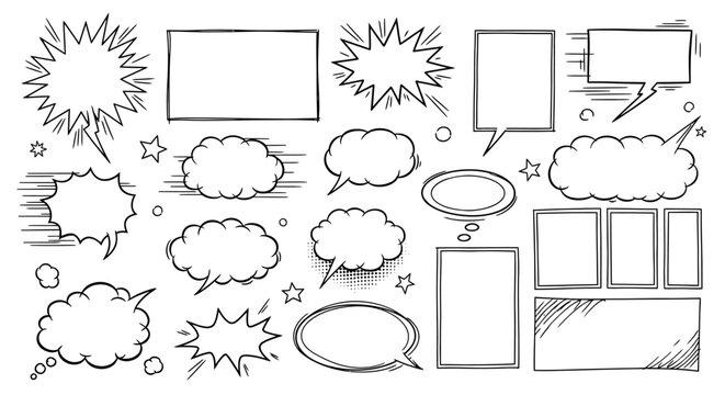 A collection of hand-drawn comic book speech bubbles and text boxes on a white background.