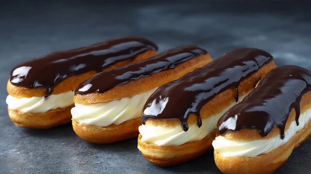 Decadent Chocolate Glazed Eclairs Filled With Creamy Vanilla Filling.