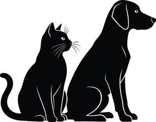 Black silhouette of a domestic cat and dog sitting together, loyal pets friendship concept vector illustration, common household animals graphic logo icon design.