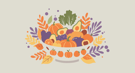 A bowl of autumn harvest fruits and vegetables with seasonal colors