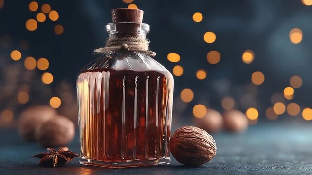 Amber Elixir in Elegant Decanter with Warm Bokeh Lights and Natural Elements.