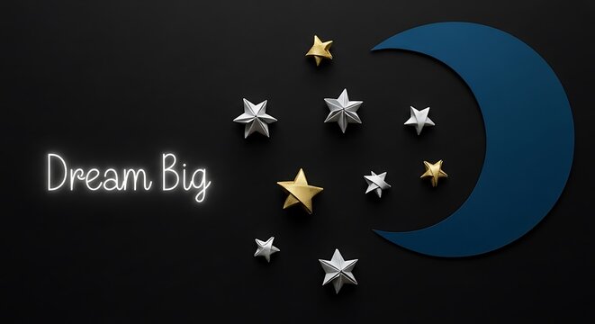 Dream Big Message with Moon and Stars on Black Background text lettering
