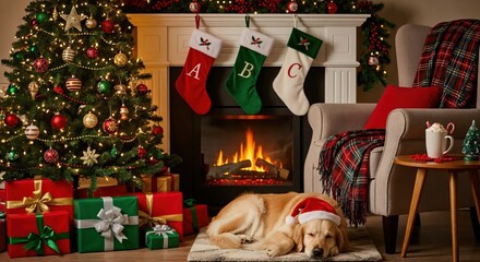 Cozy Christmas living room scene with a decorated tree, fireplace, stockings, and a sleeping golden retriever dog wearing a Santa hat, surrounded by festive gifts.