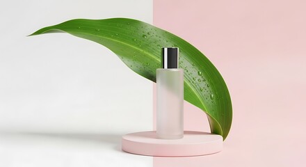 Frosted Glass Perfume Bottle with Green Leaf and Water Droplets on Pedestal