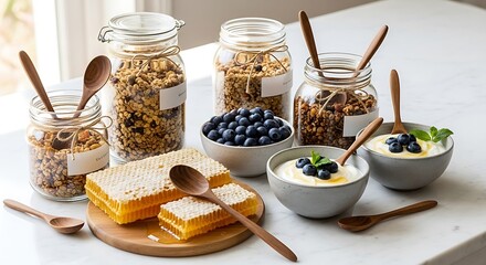 Healthy Breakfast with Granola Yogurt Blueberries and Honeycomb 
