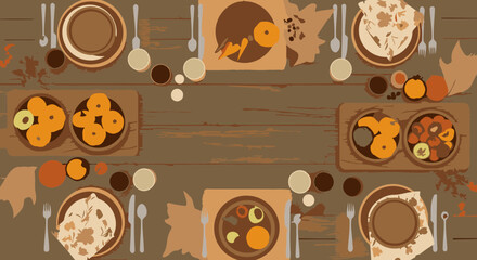 Top View of Thanksgiving Dinner Table Setting with Copy Space