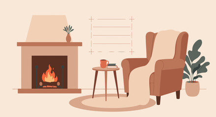 Cozy Living Room Scene with Fireplace, Armchair, and Hot Beverage