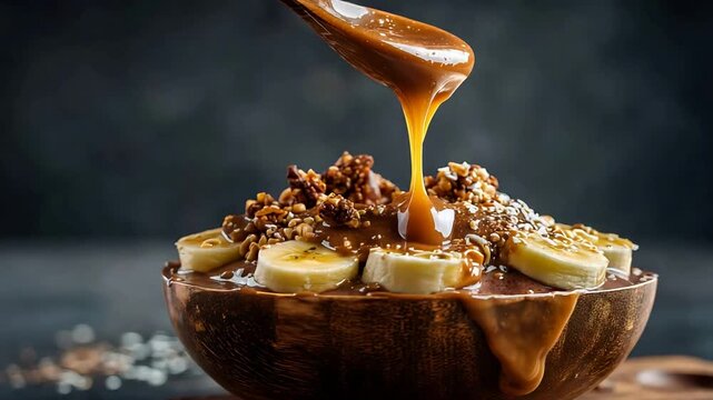 Rich Caramel Drizzling Onto Delicious Chocolate Banana Dessert Bowl.