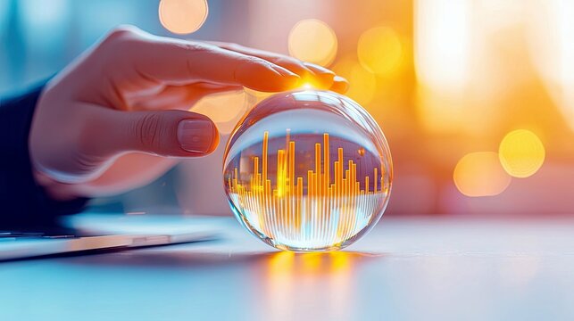 A hand hovers over a crystal ball that displays a financial graph, with a laptop and blurred lights in the background.