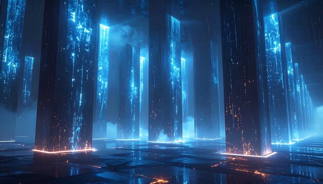 A futuristic cityscape, featuring tall glowing blue structures with orange highlights, shrouded in ethereal fog, and reflecting light