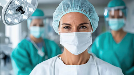 Female surgeon in surgical mask and cap standing in operating room calm confident