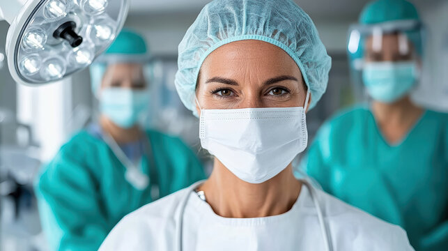 Female surgeon in surgical mask and cap standing in operating room calm confident