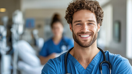 Smiling male nurse in blue scrubs with stethoscope offering warm compassionate care