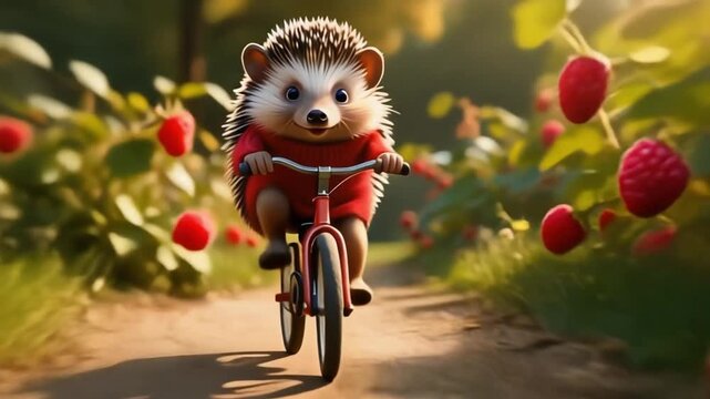 Hedgehog Bicycle Ride Adventure: An adorable hedgehog, dressed in a vibrant outfit, joyfully pedals a bicycle along a sun-dappled path, framed by the sweetness of fresh, ripe berries. - Powered by Adobe
