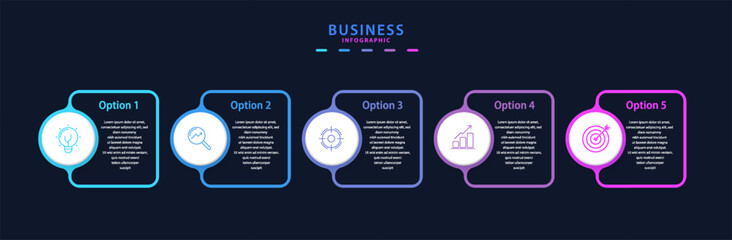 Infographic vector label design with icons and five options or steps. Suitable for business themes and can be applied in presentations, flowcharts, web pages, banners, and print projects