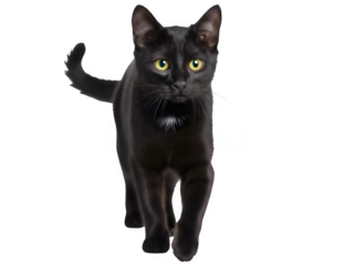 A sleek black cat with bright yellow eyes walks forward