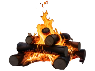 Campfire with bright orange flames and dark background