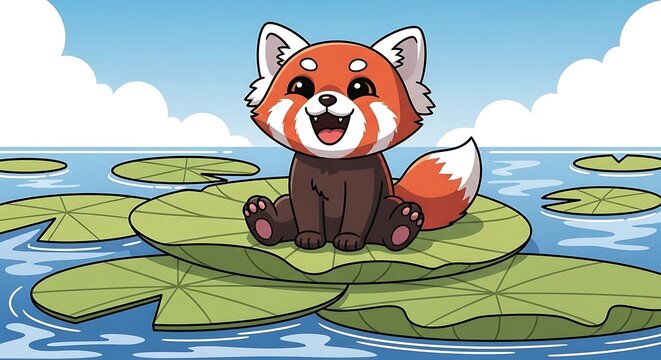 Adorable cartoon red panda sitting on a lily pad in the water.