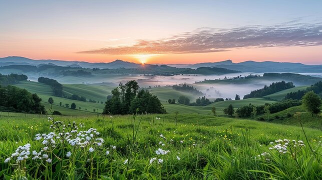 Serene autumn sunset casts warm orange tones over a peaceful rural pumpkin field landscape - Powered by Adobe