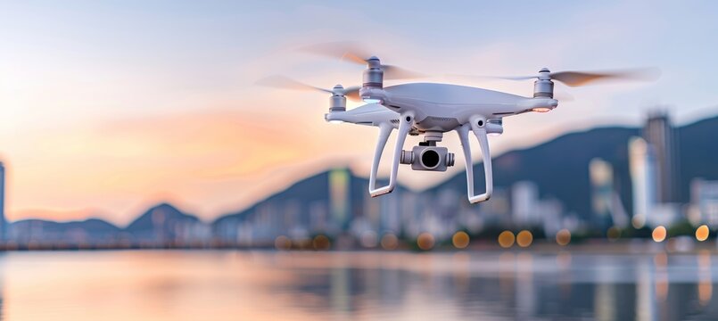 Futuristic urban skyline at sunset  a drone s perspective on modern technology and bright lights - Powered by Adobe