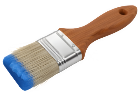 Paintbrush with blue paint on bristles and wooden handle
