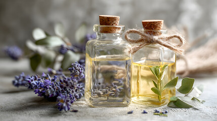 Lavender Essential Oil Bottles with Fresh Herbs