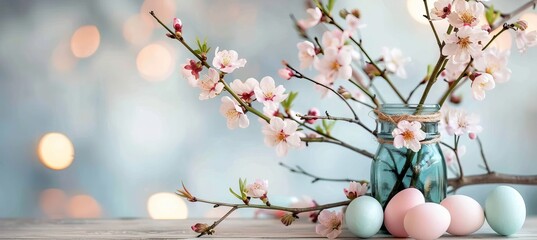Cheerful easter holiday display featuring pastel eggs, flowers, and a wooden table in soft daylight