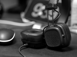 책상 위 헤드셋과 마우스가 있는 흑백 작업 공간
